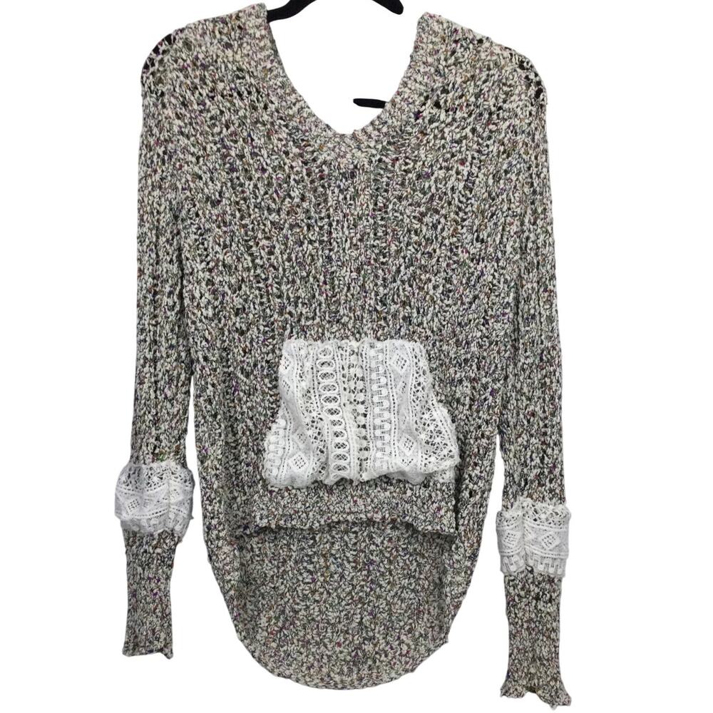 POL Boho High Low Cottage Kangaroo Pocket Hooded Cozy Open Knit Pullover Women L